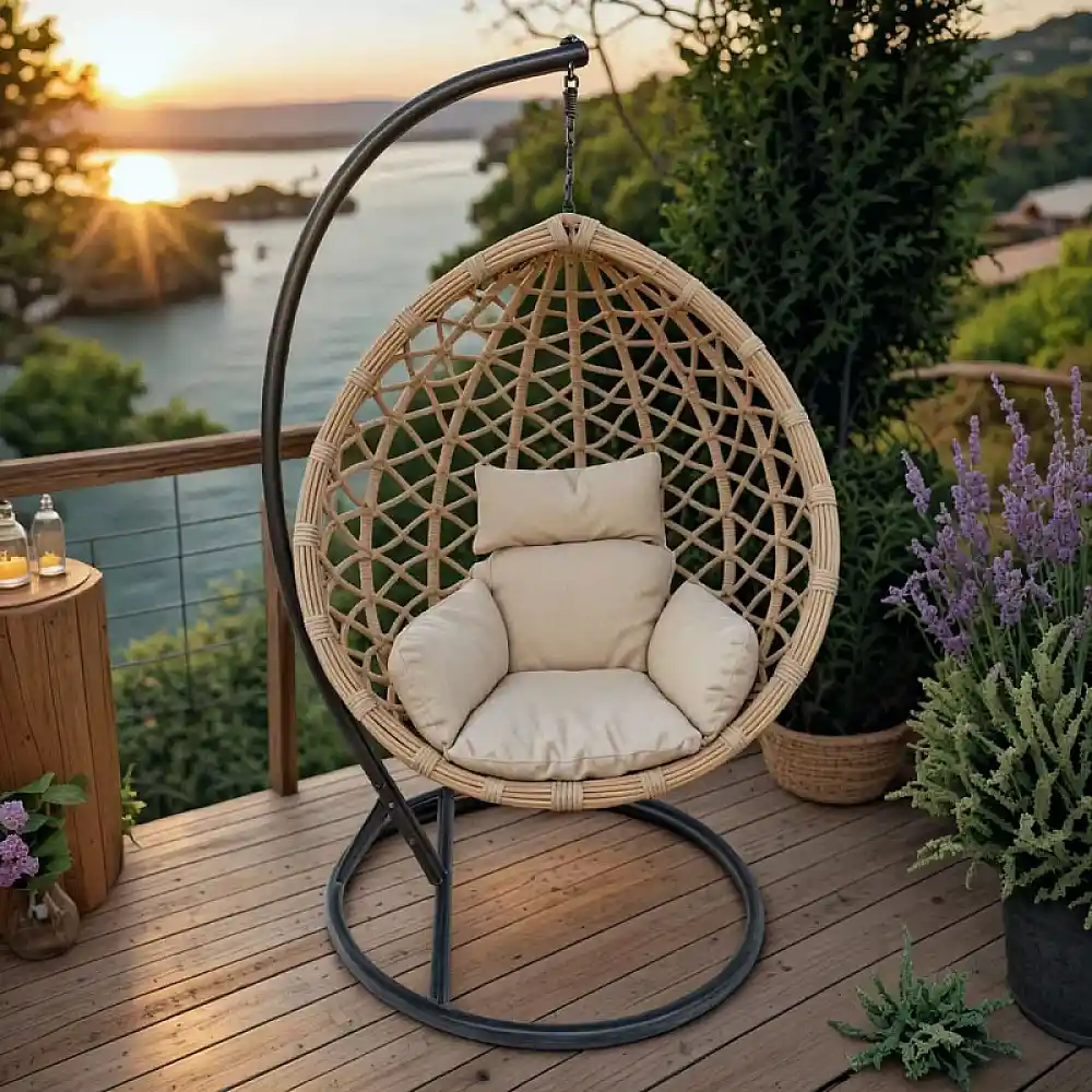 Κούνια φωλιά με βάση Lyere pakoworld μέταλλο καφέ-pe rattan σε μπεζ απόχρωση 120x108x195εκ