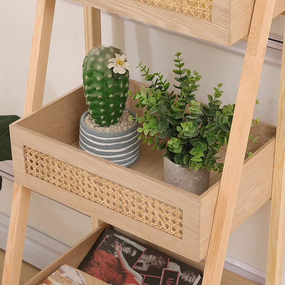 Ραφιέρα επιδαπέδια 3όροφη Scandy pakoworld mdf-rattan σε φυσική απόχρωση 44x37x110εκ