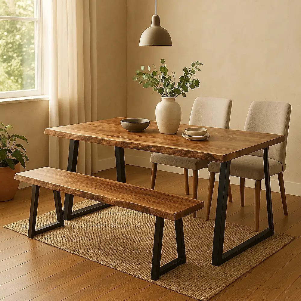 Παγκάκι Miles Slim pakoworld μασίφ ξύλο ακακίας σε φυσική απόχρωση με μαύρα μεταλλικά πόδια 160x40x45εκ