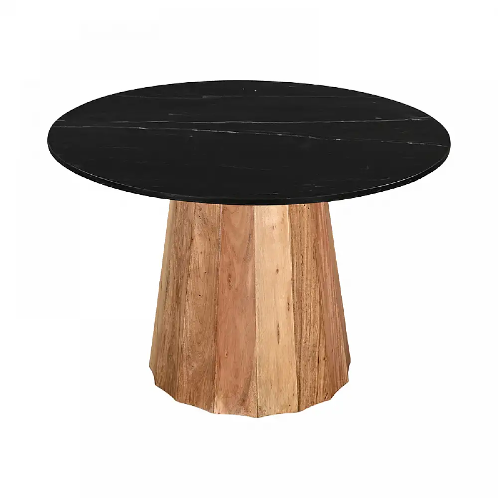 Τραπέζι Ezerdian pakoworld μασίφ ξύλο ακακίας σε φυσική απόχρωση με επιφάνεια μαύρου μαρμάρου Φ120x76εκ