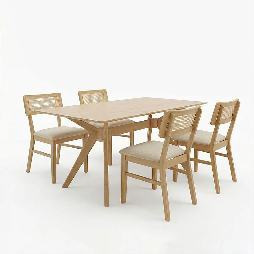 Τραπεζαρία Raffles pakoworld σετ 5τεμ rubberwood με pe rattanσε φυσική απόχρωση 150x90x76εκ