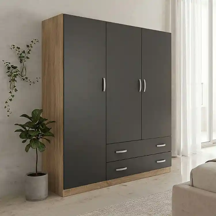 Ντουλάπα τρίφυλλη με 2 συρτάρια Alvia pakoworld sonoma-ανθρακί 150x51x180εκ