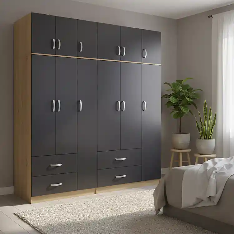 Ντουλάπα εξάφυλλη με πατάρι Athos pakoworld sonoma-ανθρακί 180x42x240εκ