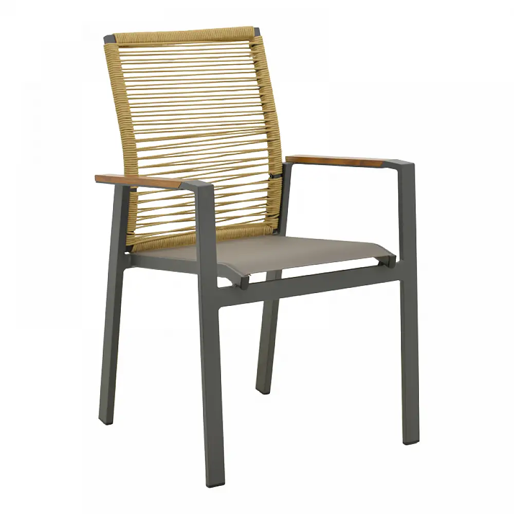 Πολυθρόνα Aegean pakoworld στοιβαζόμενη teak-pe σχοινί σε φυσική - αλουμίνιο κ textline σε ανθρακί απόχρωση 57x64x87εκ