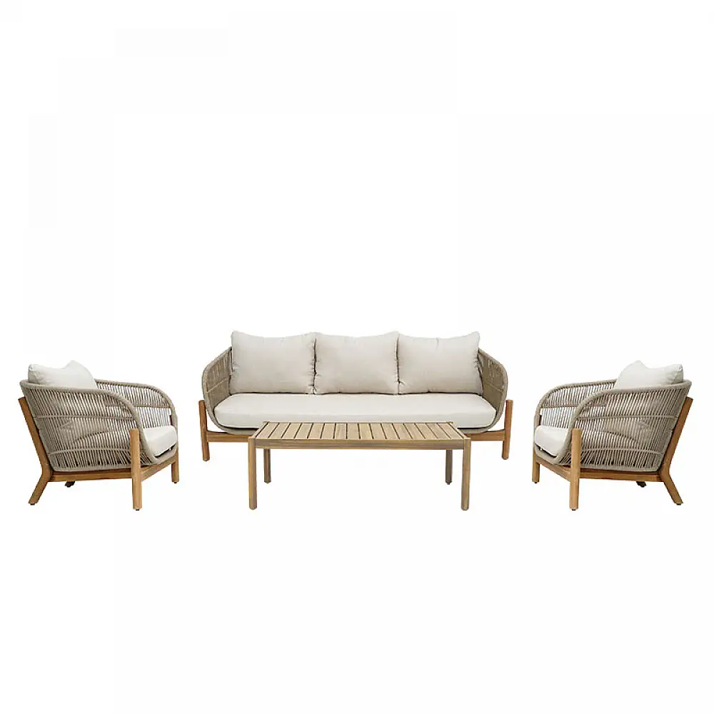 Σαλόνι εξωτερικού χώρου Verilan pakoworld μασίφ ξύλο ακακίας με σχοινί και μπεζ μαξιλάρια