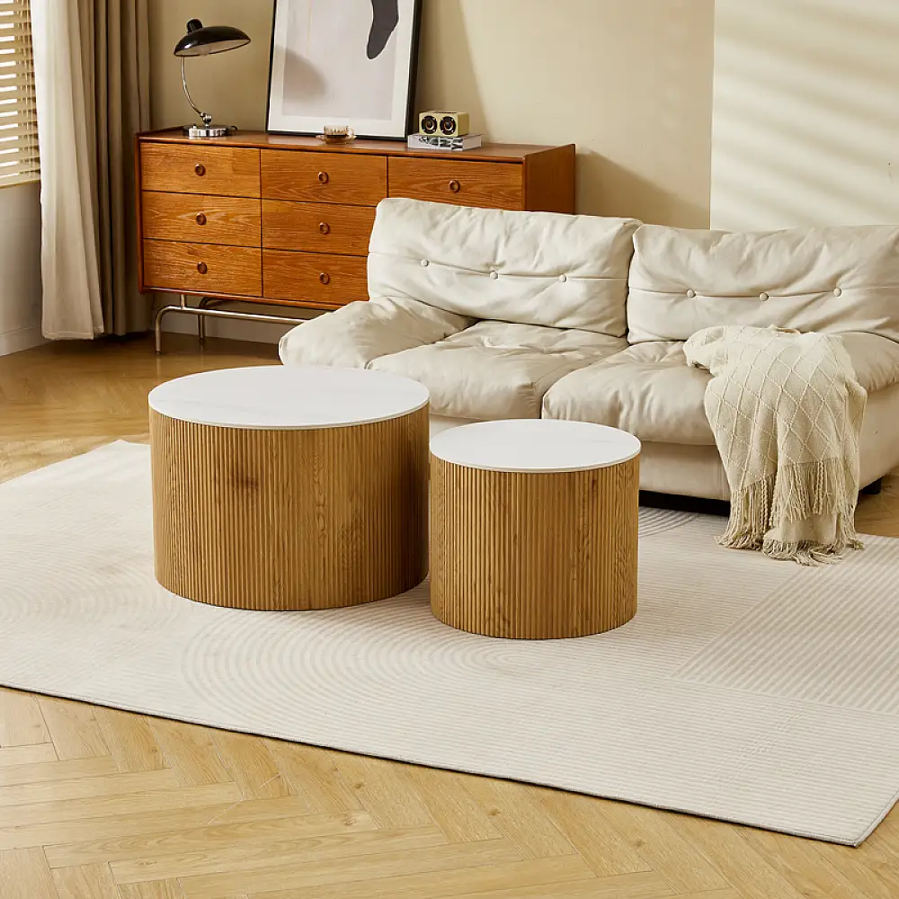 Τραπέζια σαλονιού Nelba pakoworld 2τμχ mdf oak - κεραμική επιφάνεια όψη μαρμάρου