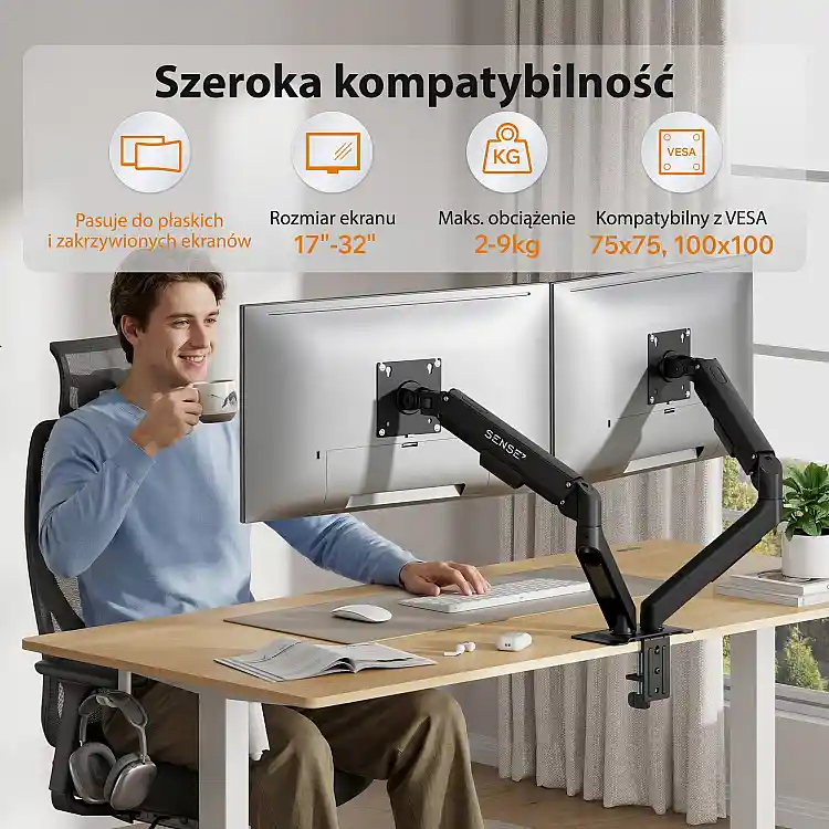 SENSE7 Uchwyt biurkowy na 2 monitory 17''-32'' HANG DOUBLE Light