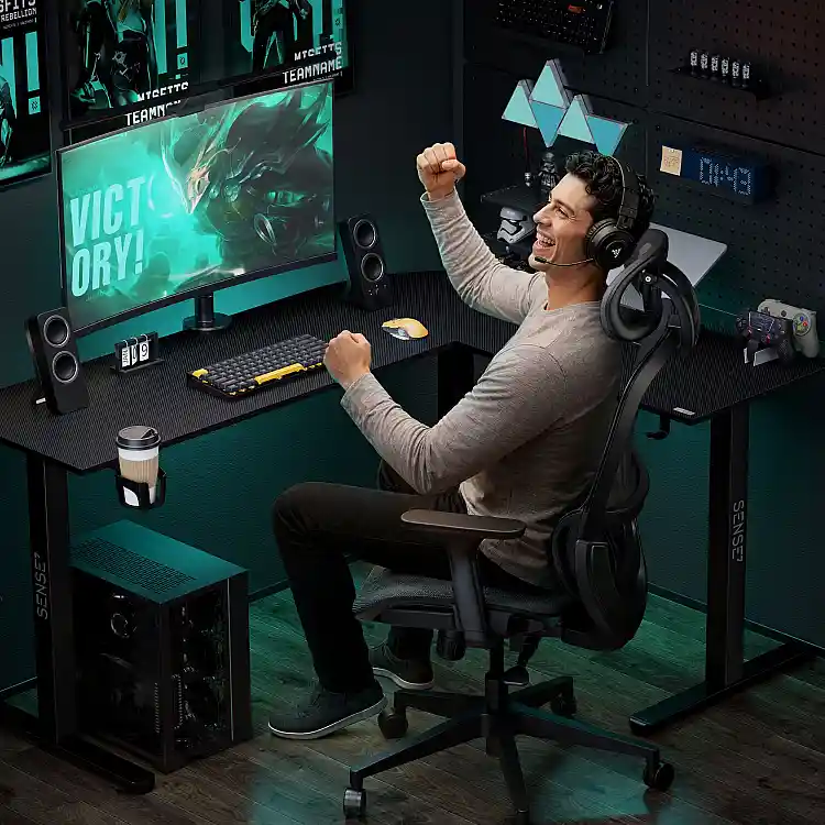 Γωνιακό Γραφείο SENSE7 Rong, Μαύρο, Εργονομικό Gaming Γραφείο
