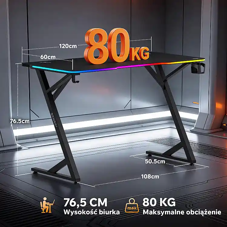 SENSE7 Gaming Γραφείο VOLT RGB, Μαύρο, 120x60cm
