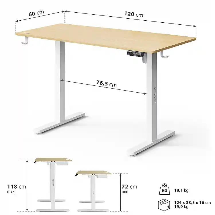 SENSE7 Nojo Light Ηλεκτρικό Γραφείο με Ρύθμιση Ύψους, Πεύκο - Λευκό, 120x60 εκ.