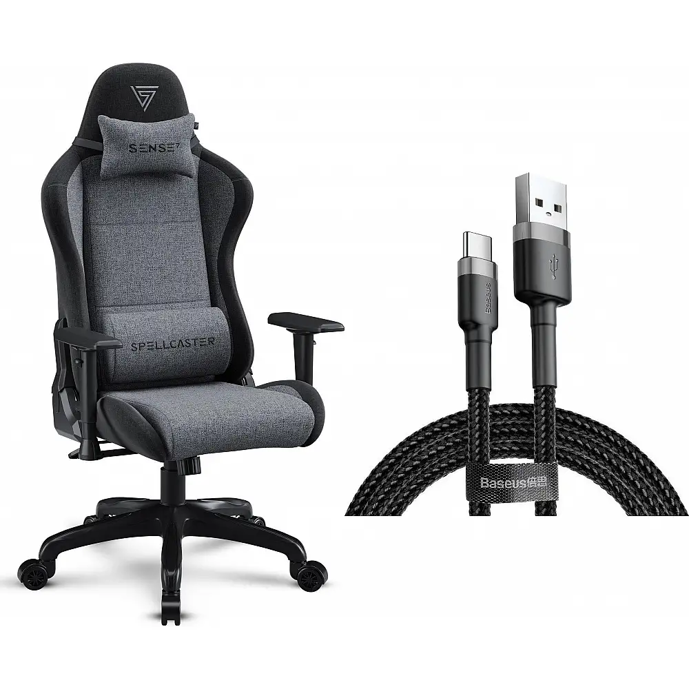 Fotel SENSE7 Spellcaster FUKU materiałowy czarno-szary + kabel usb