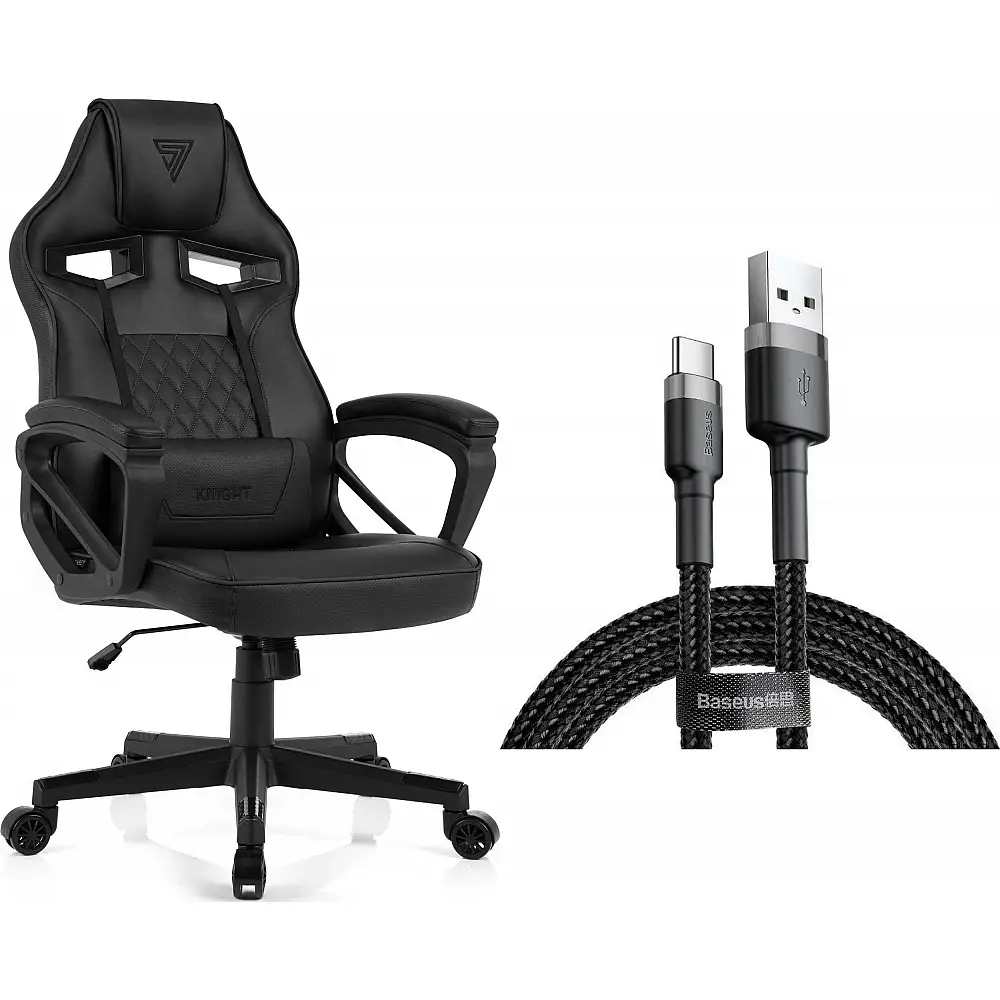 Fotel SENSE7 Knight - skórzany, czarny + kabel usb