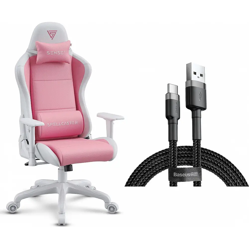 Fotel SENSE7 Spellcaster FUKU PU biało-różowy + kabel usb