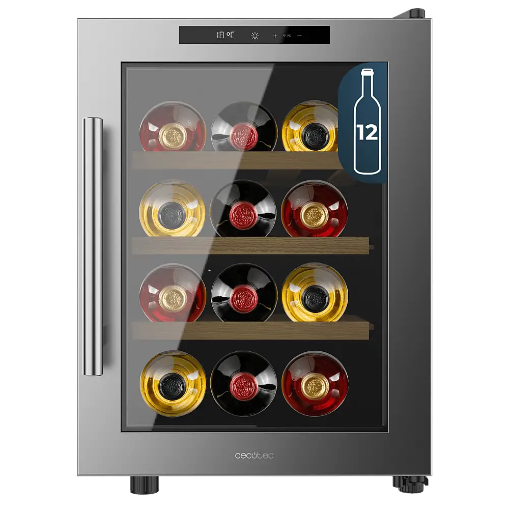 Cecotec Συντηρητής Κρασιών Bolero GrandSommelier 1255 CoolWood, 53.5x 34.5x47.7 cm, Χωρητικότητα 12 Φιάλες, Αθόρυβο 35dB, Θερμοκρασία 8-18ºC, Υγρασία 50%-80%, Ξύλινα Ράφια, Αφή, Κατηγορία Ε, Φωτισμός LED, Ανοξείδωτο Ατσάλι CEC-109980
