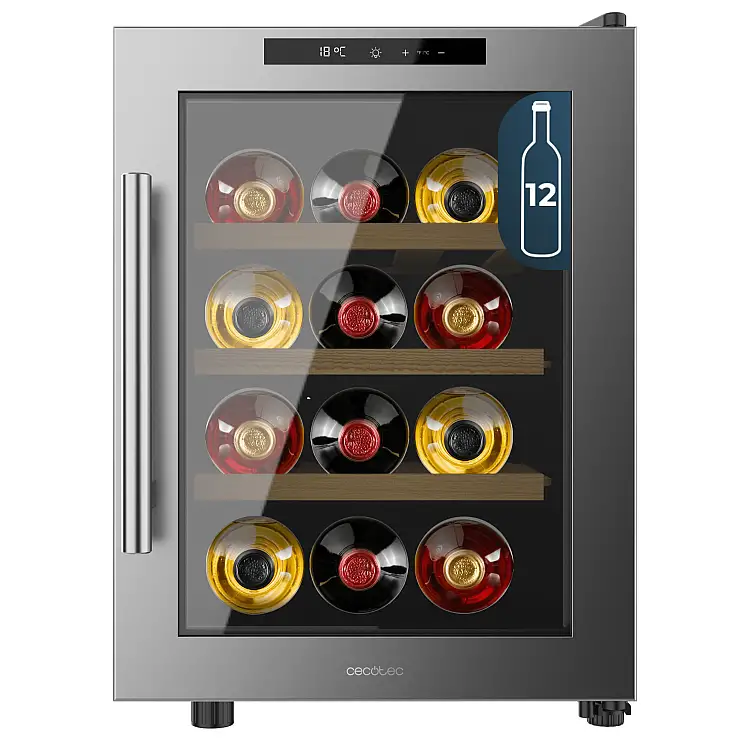 Cecotec Συντηρητής Κρασιών Bolero GrandSommelier 1255 CoolWood, 53.5x 34.5x47.7 cm, Χωρητικότητα 12 Φιάλες, Αθόρυβο 35dB, Θερμοκρασία 8-18ºC, Υγρασία 50%-80%, Ξύλινα Ράφια, Αφή, Κατηγορία Ε, Φωτισμός LED, Ανοξείδωτο Ατσάλι CEC-109980