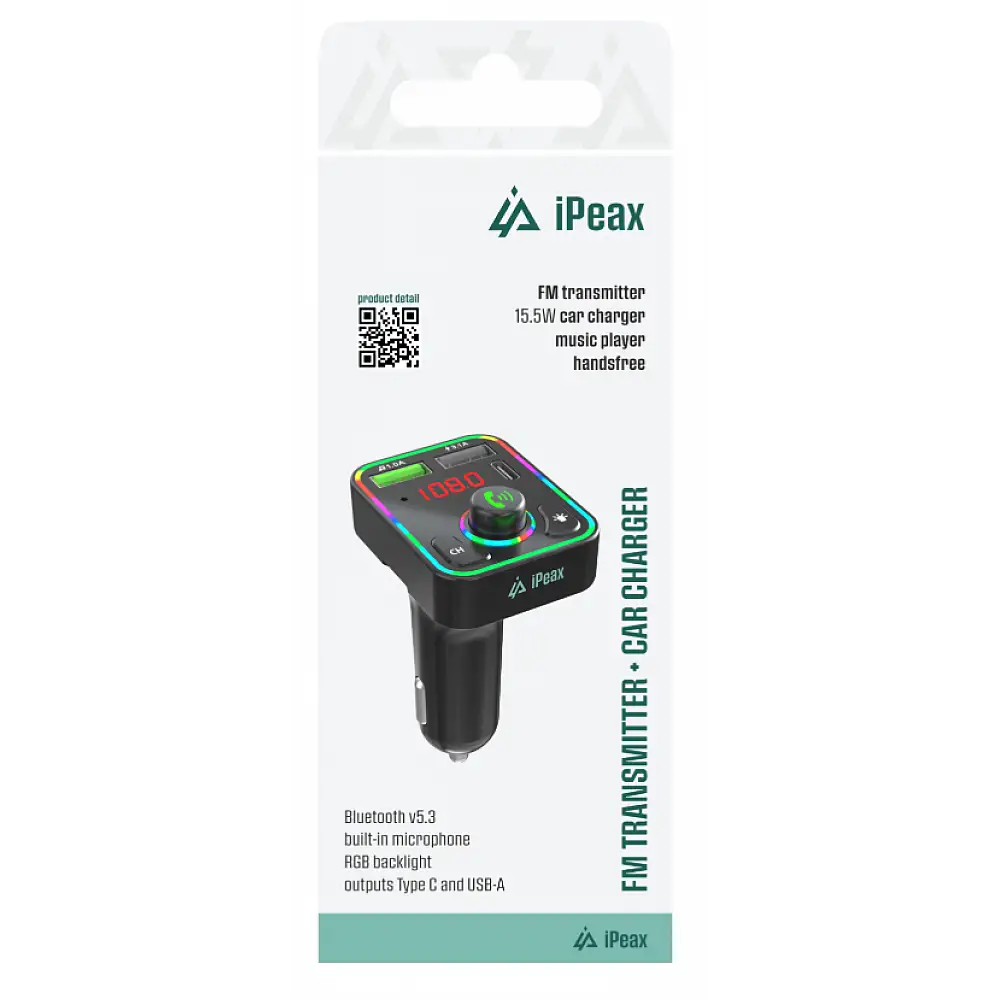 iPEAX FM Transmitter Bluetooth 5.3 Handsfree Αυτοκινήτου & Φορτιστής 15.5W με Οθόνη LED & RGB LED Φωτισμό & 2 USB 8595217492189