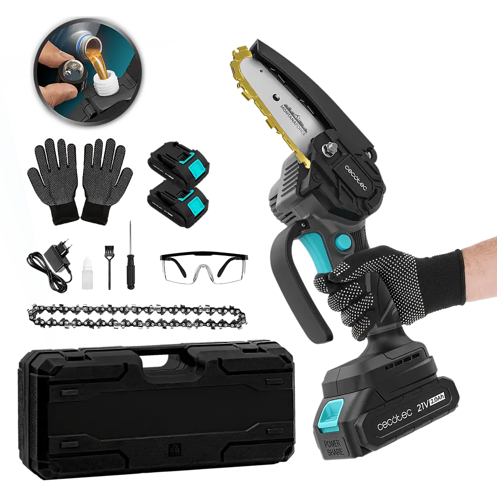 Cecotec Αλυσοπρίονο Χειρός 4" MontanaForce 4000 με Μπαταρία 21V. Λίπανση με κουμπί. Περιλαμβάνει βαλιτσάκι, επιπλέον αλυσίδα και σετ αξεσουάρ. CEC-106754