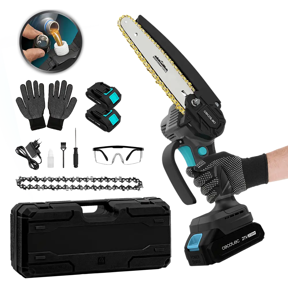 Cecotec Αλυσοπρίονο Χειρός 6" MontanaForce 6000 με κινητήρα Brushless, Μπαταρία 21V και Λίπανση με κουμπί. Περιλαμβάνει βαλιτσάκι, επιπλέον αλυσίδα και σετ αξεσουάρ. CEC-106755