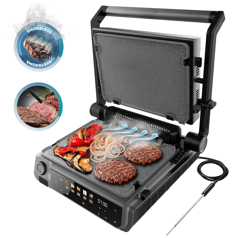 Cecotec Ηλεκτρική Γκριλιέρα Rock'nGrill 2000 Smash PerfectCook 2000W με Αφαιρούμενες Πλάκες και με αισθητήρα θερμοκρασίας, τεχνολογία smokeless, λειτουργία smash, αφαιρούμενες και αναστρέψιμες πλάκες RockStone κατάλληλες για πλυντήριο πιάτων και άνοιγμα