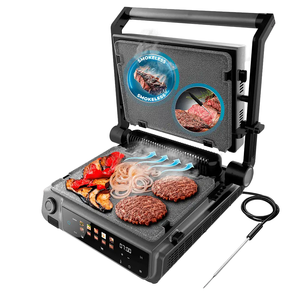 Cecotec Ηλεκτρική Γκριλιέρα Rock'nGrill 2000 Smash PerfectCook 2000W με Αφαιρούμενες Πλάκες και με αισθητήρα θερμοκρασίας, τεχνολογία smokeless, λειτουργία smash, αφαιρούμενες και αναστρέψιμες πλάκες RockStone κατάλληλες για πλυντήριο πιάτων και άνοιγμα