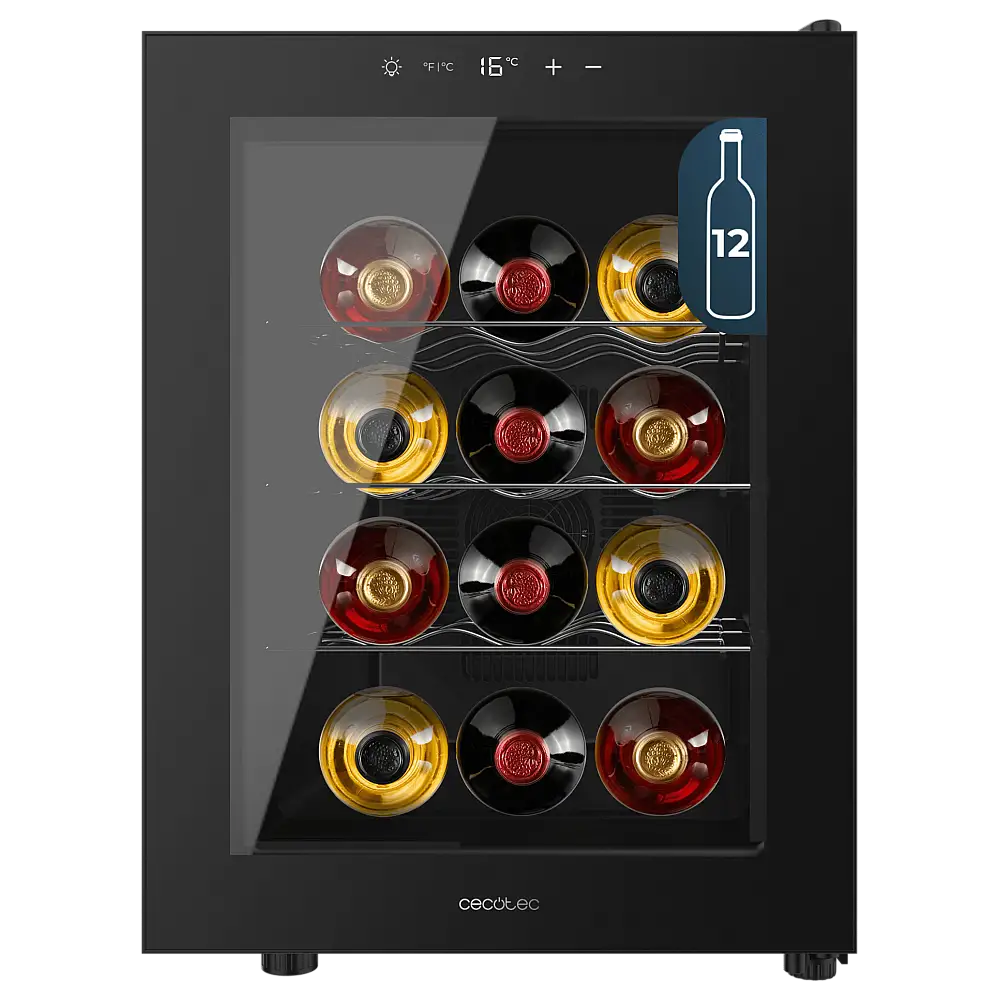 Cecotec Συντηρητής Κρασιών Bolero GrandSommelier 1255 CoolCrystal, Χωρητικότητα 12 Φιάλες, Αθόρυβη 35dB, Θερμοκρασία 8-18ºC, Υγρασία 50%-80%, Μεταλλικά Ράφια, Έλεγχος Αφής, Κλάση E, LED Φωτισμός, Μαύρη CEC-109605