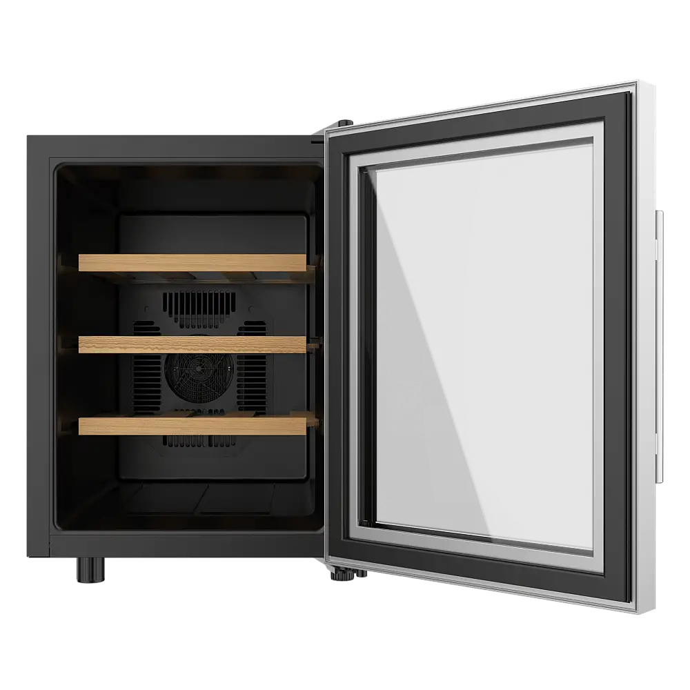 Cecotec Συντηρητής Κρασιών Bolero GrandSommelier 1255 CoolWood, Χωρητικότητα 12 Φιάλες, Αθόρυβο 35dB, Θερμοκρασία 8-18ºC, Υγρασία 50%-80%, Ξύλινα Ράφια, Αφή, Κατηγορία Ε, Φωτισμός LED, Ανοξείδωτο Ατσάλι CEC-109980