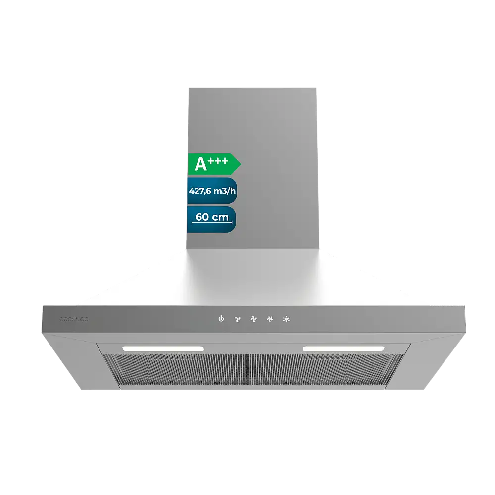 Cecotec Απορροφητήρας Bolero Flux PT 604000 Inox A+++ Πυραμίδα 60cm, 427,6m3/h, 3 ταχύτητες, SS Touch Control, Ινοξ Φινίρισμα, Ενεργειακή Κλάση A+++, DC Μοτέρ, Led Φωτισμός, Αλουμίνιο & Φίλτρα Άνθρακα CEC-110296
