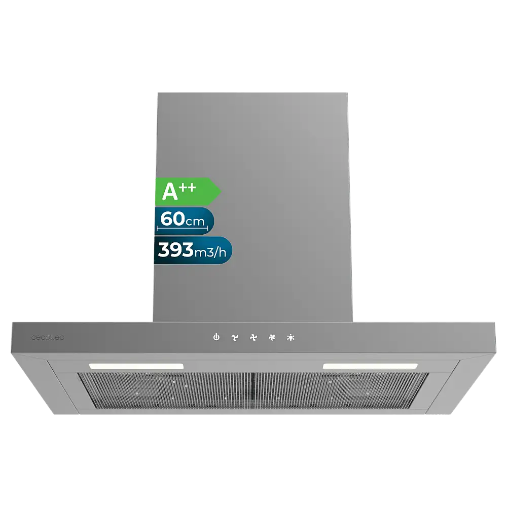 Cecotec Απορροφητήρας Bolero Flux TT 604000 Inox A++ Εξαγωγέας καπνού "T" 60cm, 393m³/h, 3 ταχύτητες, SS Touch Control, Ανοξείδωτο, Ενεργειακή Κλάση A++, DC Μοτέρ, Led φωτισμός, Φίλτρα Αλουμινίου & Άνθρακα. CEC-110297