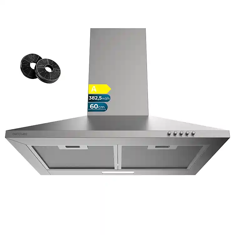 CECOTEC Απορροφητήρας Κουζίνας Πυραμίδα 60 cm, Bolero Flux PM 604000 Ανοξείδωτος, Κινητήρας BLDC, Ενεργειακή Κλάση A, 382,5 m³/h, Φωτισμός LED, με Φίλτρα Άνθρακα CEC-109973