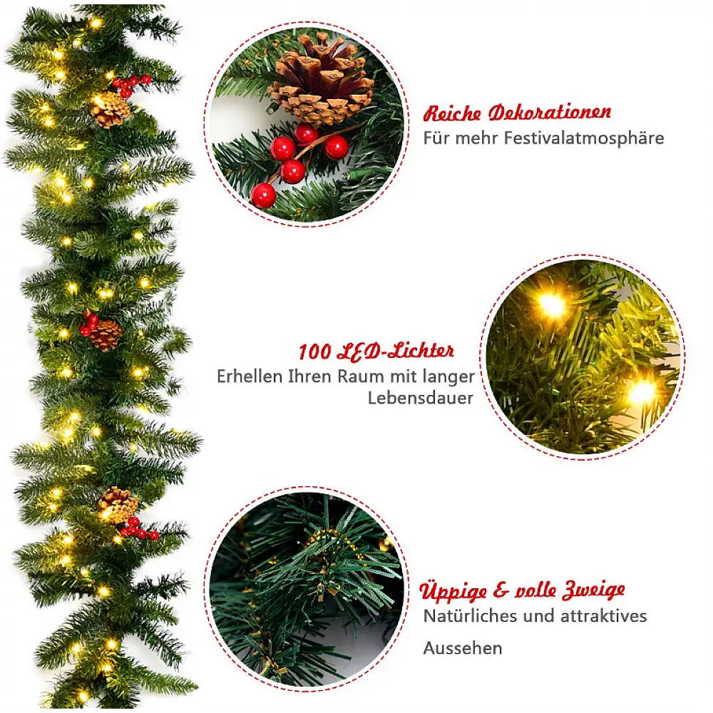 Χριστουγεννιάτικη Γιρλάντα Πεύκου 2,70m με 100 LED Φώτα CM22798 Costway