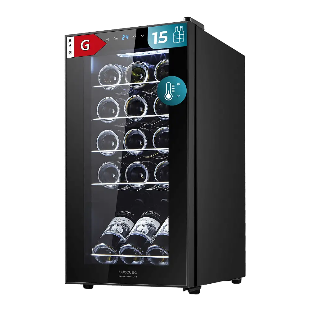 CECOTEC  Συντηρητής Κρασιών Bolero GrandSommelier 1550 με Συμπιεστή, Χωρητικότητα 15 Φιαλών, Ρυθμιζόμενη Θερμοκρασία 5-18ºC και Οθόνη Αφής  CEC-00120