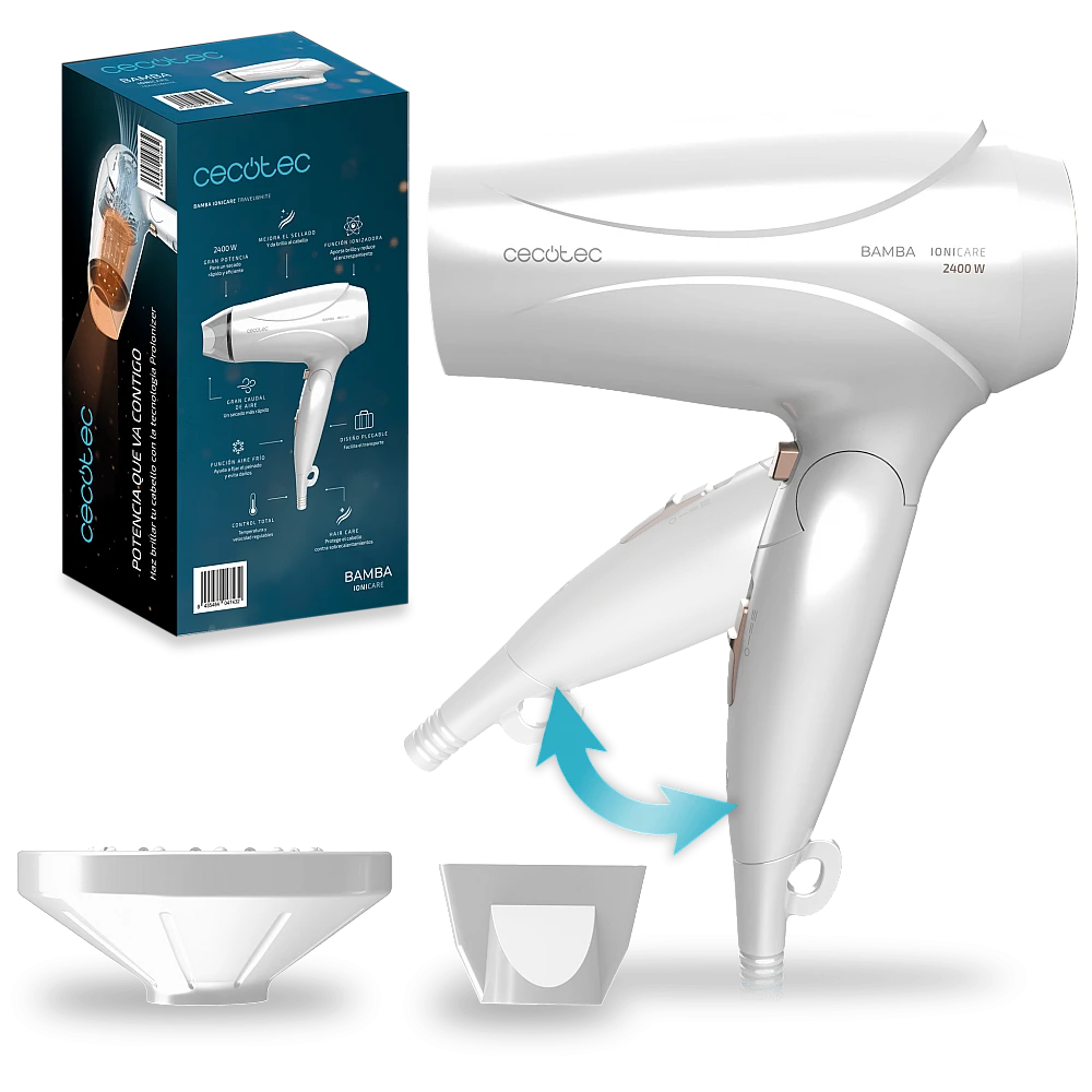CECOTEC  Bamba IoniCare TravelWhite: Επαγγελματικό Σεσουάρ Ταξιδιού 2400W, Ισχυρή Ροή Αέρα, 2 Ταχύτητες & 2 Θερμοκρασίες (Λευκό)  CEC-04743