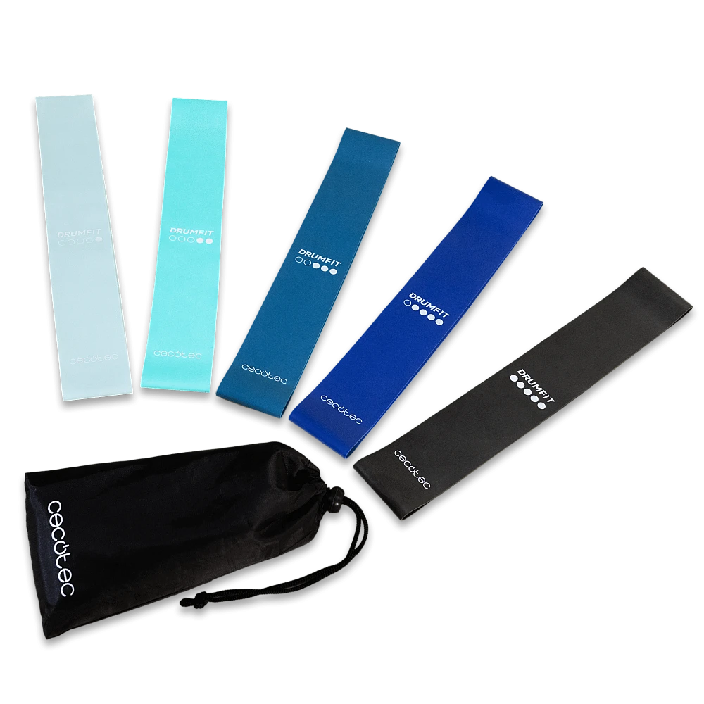 CECOTEC  Σετ Ταινιών Αντίστασης DrumFit - 5 Ελαστικές Ταινίες Λατέξ με Διάφορα Επίπεδα Αντίστασης και Τσάντα Μεταφοράς  CEC-07125