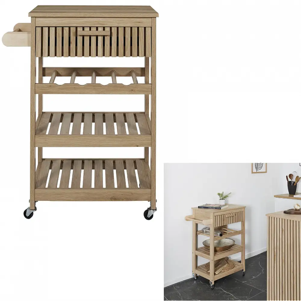 Ξύλινο Τρόλει Κουζίνας με 3 Ράφια και Συρτάρι 65 x 84.5 x 40 cm HD0312 Home Deco Factory