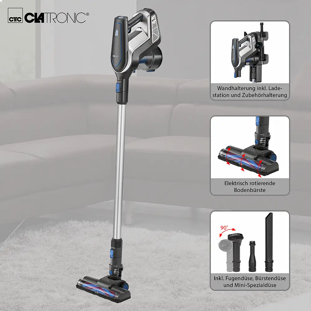 Ασύρματη Ηλεκτρική Σκούπα Δαπέδου & Χειρός 2 σε 1 με Μπαταρία 18,5V Li-Ion – Ανθρακί/Μπλε BS1312A Clatronic