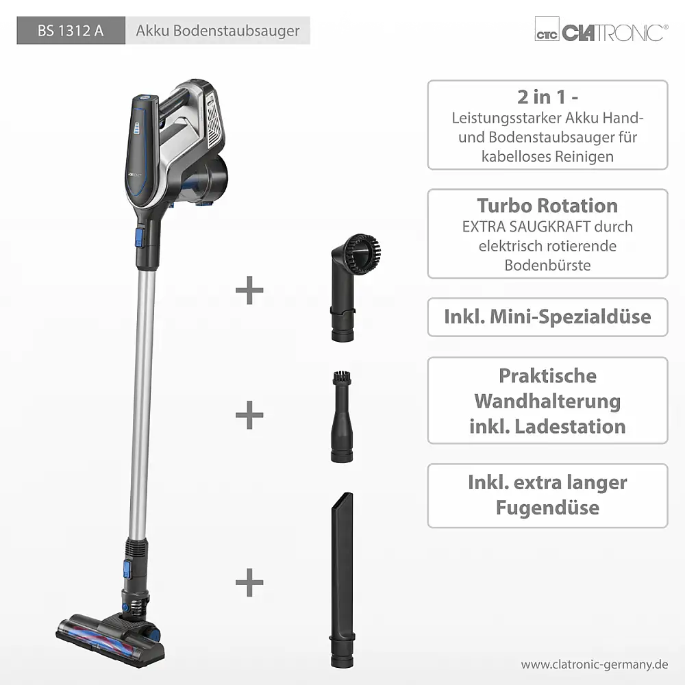 Ασύρματη Ηλεκτρική Σκούπα Δαπέδου & Χειρός 2 σε 1 με Μπαταρία 18,5V Li-Ion – Ανθρακί/Μπλε BS1312A Clatronic