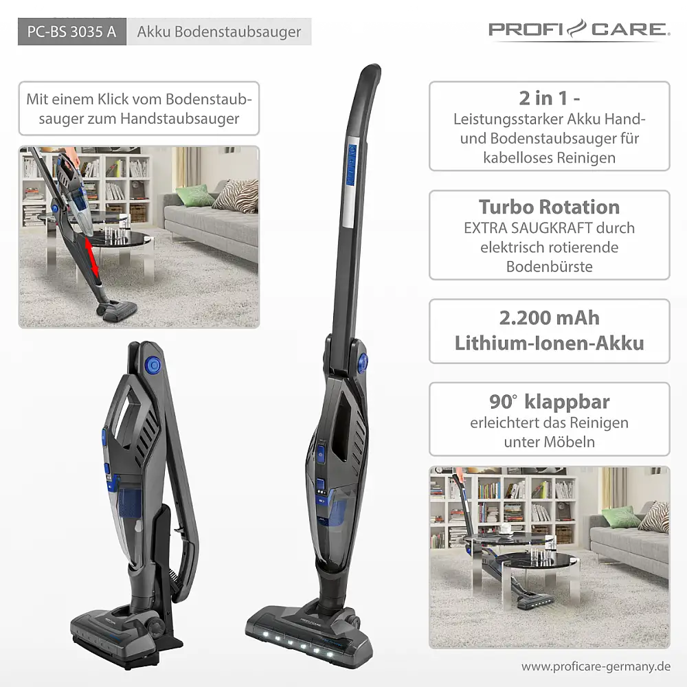 Ασύρματη Ηλεκτρική Σκούπα Δαπέδου 14.8V 2200 mAh - Ανθρακί PC-BS3035 ProfiCare